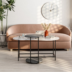 Decortie Modern Cuddle Coffee Tables White Marble Effect Retro Grey 2 Piece Nested Table Round w Wheels and Oval Table Metal Legs