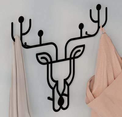 Decortie Modern Deer Black Metal Wall Hanger with 4 Hooks
