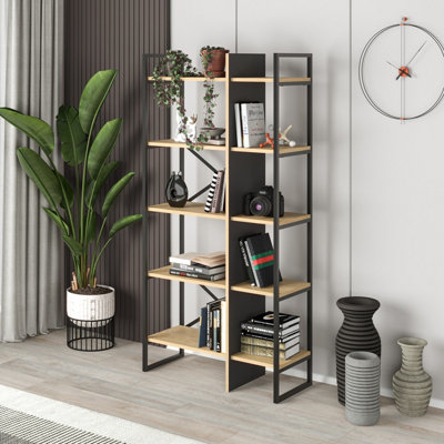 Decortie Modern Detroit Bookcase Shelving Unit Oak, Silky Grey Black 87,5(W)cm 5-Tier Sturdy Metal Legs Frame Office, Living Room