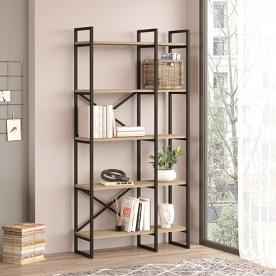 Decortie Modern Dusan Bookcase Natural Oak 87.5(W)cm Display Unit 4-Tier 2 Section Shelving Unit Metal Frame Living Room, Office