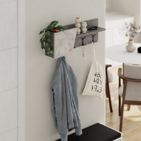 Decortie Modern Eleva Wall-Mounted Hanger Mocha Grey, Gold Marble, Engineered Wood with 4 Black Metal Hooks 74(D)x15.7(D)x26(H)