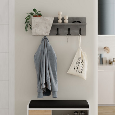 Decortie Modern Eleva Wall-Mounted Hanger Mocha Grey, Gold Marble, Engineered Wood with 4 Black Metal Hooks 74(D)x15.7(D)x26(H)