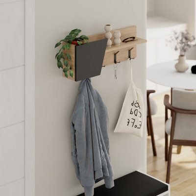 Decortie Modern Eleva Wall-Mounted Hanger Oak, Anthracite Engineered Wood with 4 Black Metal Hooks 74(D)x15.7(D)x26(H)cm