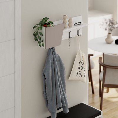 Decortie Modern Eleva Wall-Mounted Hanger White, Mocha Grey Engineered Wood with 4 Black Metal Hooks 74(D)x15.7(D)x26(H)cm