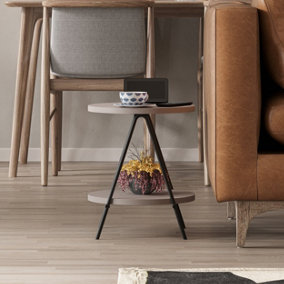 Decortie Modern Essel Side Table Mocha Grey Round Table w/2 Sturdy Black Metal Legs Industrial Design Open Shelf Sofa Table Home