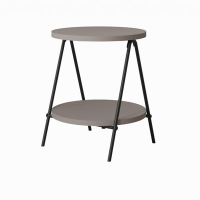 Decortie Modern Essel Side Table Mocha Grey Round Table w/2 Sturdy Black Metal Legs Industrial Design Open Shelf Sofa Table Home