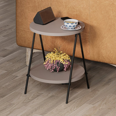 Decortie Modern Essel Side Table Mocha Grey Round Table w/2 Sturdy Black Metal Legs Industrial Design Open Shelf Sofa Table Home