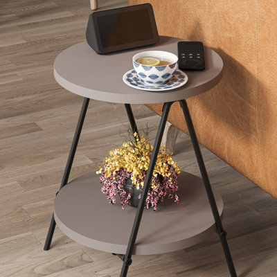 Decortie Modern Essel Side Table Mocha Grey Round Table w/2 Sturdy Black Metal Legs Industrial Design Open Shelf Sofa Table Home