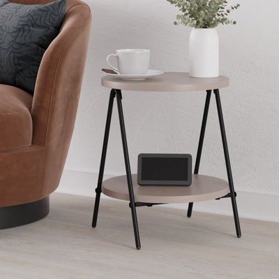 Decortie Modern Essel Side Table Mocha Grey Round Table w/2 Sturdy Black Metal Legs Industrial Design Open Shelf Sofa Table Home