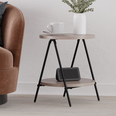 Decortie Modern Essel Side Table Mocha Grey Round Table w/2 Sturdy Black Metal Legs Industrial Design Open Shelf Sofa Table Home