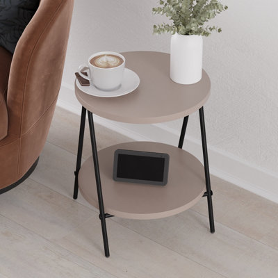 Decortie Modern Essel Side Table Mocha Grey Round Table w/2 Sturdy Black Metal Legs Industrial Design Open Shelf Sofa Table Home