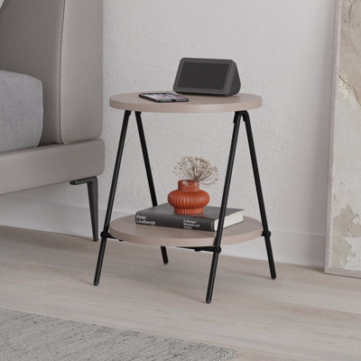 Decortie Modern Essel Side Table Mocha Grey Round Table w/2 Sturdy Black Metal Legs Industrial Design Open Shelf Sofa Table Home