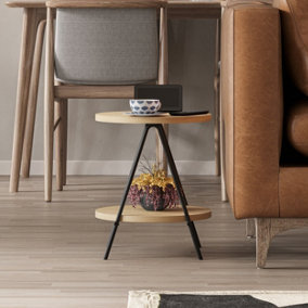 Decortie Modern Essel Side Table Oak Round Table w/2 Sturdy Black Metal Legs Industrial Design Open Shelf Sofa Table Living Room