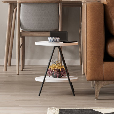Decortie Modern Essel Side Table White Round Table w/2 Sturdy Black Metal Legs Industrial Design Open Shelf Sofa Table Living Room