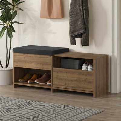 Decortie Modern Filux Shoe Bench Rack Dark Oak Effect Sliding Fabric Seat and 120.3(W) Storage Cabinet 2-Tier Open Shelves Hallway