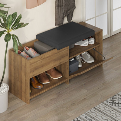 Decortie Modern Filux Shoe Bench Rack Dark Oak Effect Sliding Fabric ...