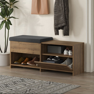 Decortie Modern Filux Shoe Bench Rack Dark Oak Effect Sliding Fabric Seat and 120.3 W Storage