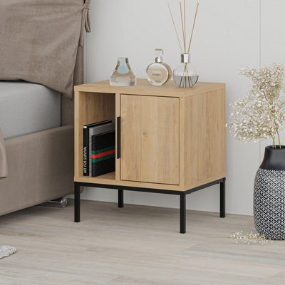 Decortie Modern Glynn Bedside Table Oak w/Black Metal Straight Leg 45(W)cm Nightstand 1-Door Storage Cabinet Metal Handle Bedroom