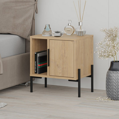 Decortie Modern Glynn Bedside Table Oak w/Black Metal T Legs 48(D)cm Nightstand 1-Door Storage Cabinet Metal Handle Bedroom Home