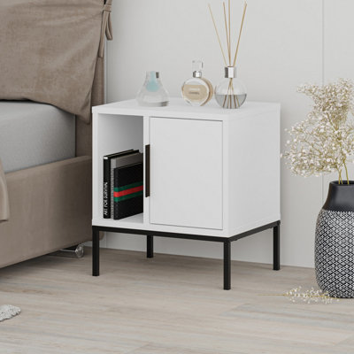 Decortie Modern Glynn Bedside Table White w/Black Metal Straight Leg 45(W)cm Nightstand 1-Door Storage Space Metal Handle Bedroom