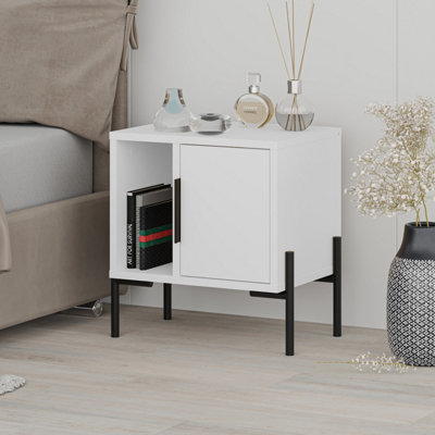 Decortie Modern Glynn Bedside Table White w/Black Metal T Legs 48(D)cm Nightstand 1-Door Storage Cabinet Metal Handle Bedroom Home
