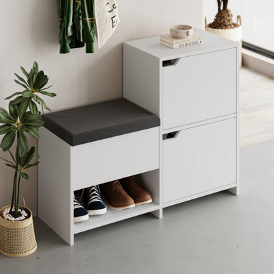 Decortie Modern Haven Shoe Bench Rack White 101.5 W Organiser Hallway 2 Cupboard Storage Cabinet 1 Open Shelf Fabric Seat DIY at B Q
