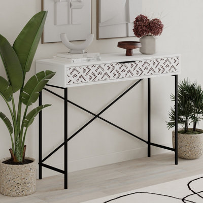 Decortie Modern Heaton Console 1-Drawer Storage Sideboard Elegant Metal Legs 110(W)cm White