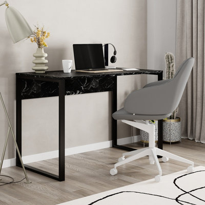 Decortie Modern Inna Work Table Matte Black Marble Effect, Black Metal Legs Particle Board 110(W)cm Industrial Gaming Desk Office