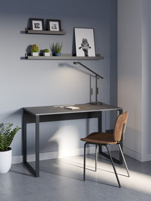 Decortie Modern Inna Work Table Retro Grey Black Sturdy Black Metal Legs Particle Board 110(W)cm Industrial Gaming Desk Office