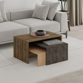 Decortie Modern Kanta Nesting Table Dark Oak Effect, Dark Coffee, Oak 3-Piece Coffee Tables 80(W)cm Nested Table Living Room