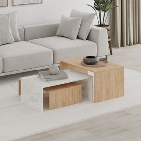 Decortie Modern Kanta Nesting Table Oak, White Marble, Oak 3-Piece Coffee Tables 80(W)cm Nested Table Living Room