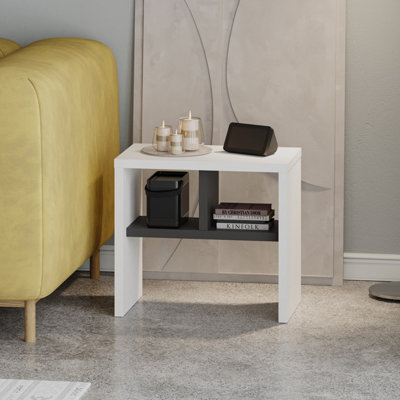 Decortie Modern Komoti Side End Table White-Anthracite with Open Shelf Storage Space Versatile C-Table Living Room Engineered Wood
