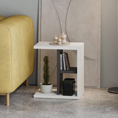 Decortie Modern Komoti Side End Table White-Anthracite with Open Shelf Storage Space Versatile C-Table Living Room Engineered Wood