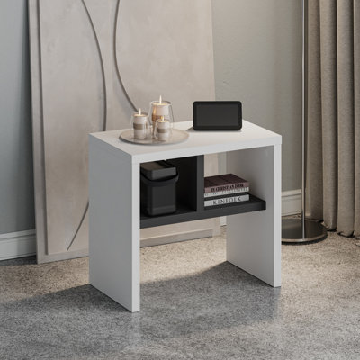Decortie Modern Komoti Side End Table White-Anthracite with Open Shelf Storage Space Versatile C-Table Living Room Engineered Wood
