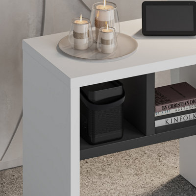Decortie Modern Komoti Side End Table White-Anthracite with Open Shelf Storage Space Versatile C-Table Living Room Engineered Wood