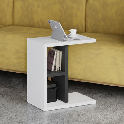 Decortie Modern Komoti Side End Table White-Anthracite with Open Shelf Storage Space Versatile C-Table Living Room Engineered Wood