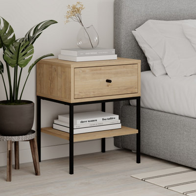 Decortie Modern Lisa Bedside Table Oak 45(W)x35(D)x56.4(H)cm 1 Drawer and Open Shelf Storage Nightstand w/Black Metal Legs Bedroom