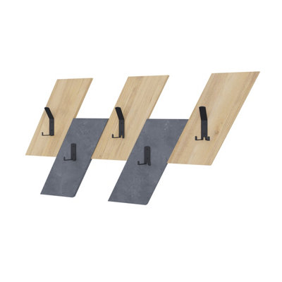 Decortie Modern Livy Wall-Mounted Hanger Oak Retro Grey Engineered Wood Geometric Shape 5 Black Metal Hook 75.2(W)x1.8(D)x45.3(H)