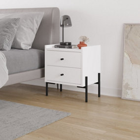 Decortie Modern Malta Nightstand White w 2 Drawers Storage Cabinet Organiser Side Bedside Table Metal Legs 48.6(W)cm Bedroom, Home