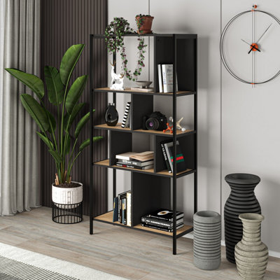 Decortie Modern Midi Bookcase 5-Tier Open Shelves Unit Metal Frames Room Divider Office Storage 88(W)cm Oak, Silky Grey Black