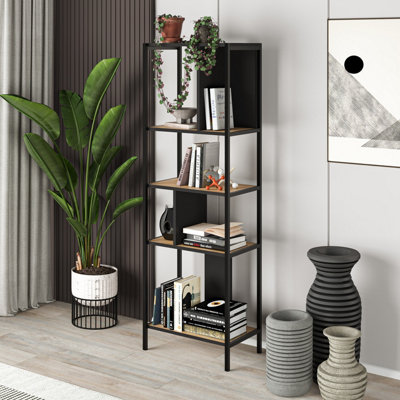 Decortie Modern Mini Bookcase 5-Tier Open Shelves Unit Metal Frames Room Divider Office Storage 58cm(W)cm Oak, Silky Grey Black