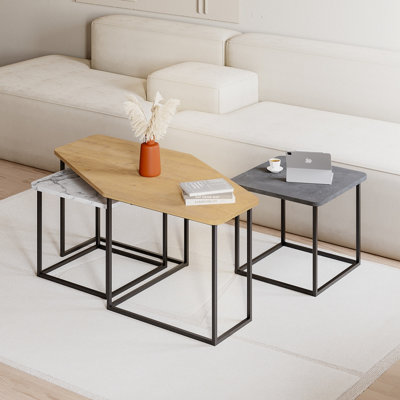 Decortie Modern Nesty Coffee Table Nest of 3 Tables Oak, Retro Grey, White Marble Effect Nested Table Engineered Wood w/Metal Legs