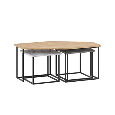 Decortie Modern Nesty Coffee Table Nest of 3 Tables Oak, Retro Grey, White Marble Effect Nested Table Engineered Wood w/Metal Legs