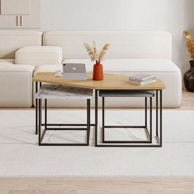 Decortie Modern Nesty Coffee Table Nest of 3 Tables Oak, Retro Grey, White Marble Effect Nested Table Engineered Wood w/Metal Legs
