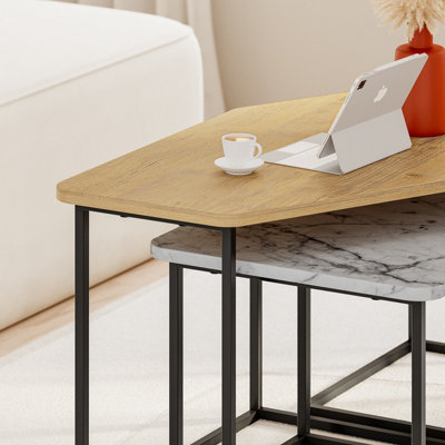 Decortie Modern Nesty Coffee Table Nest of 3 Tables Oak, Retro Grey, White Marble Effect Nested Table Engineered Wood w/Metal Legs