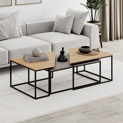 Decortie Modern OhLady Coffee Table Mocha Grey-Oak 3-Piece Centre Table 110(W)cm Metal Frame Legs Living Room