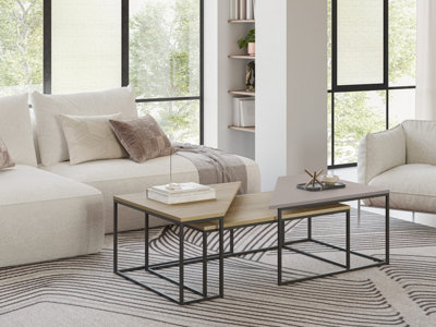 Decortie Modern OhLady Coffee Table Oak-Mocha Grey 3-Piece Centre Table 110(W)cm Metal Frame Legs Living Room