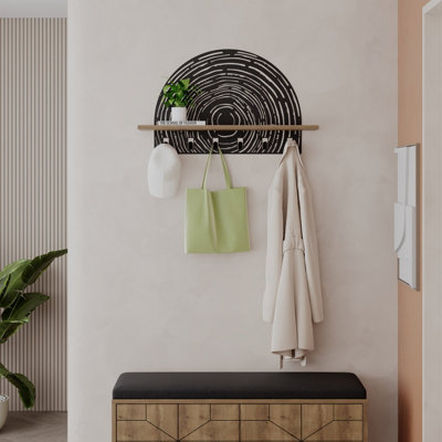 Decortie Modern Pine Wall-Mount Coat Hanger Dark Oak Effect 6 Hooks Metal Laser-cut Design Engineered Wood Shelf Storage Hallway