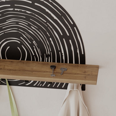 Decortie Modern Pine Wall-Mount Coat Hanger Dark Oak Effect 6 Hooks Metal Laser-cut Design Engineered Wood Shelf Storage Hallway