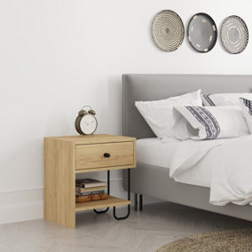 Decortie Modern Sirius Nightstand Drawer Storage Oak Metal and Engineered Wood Legs 45(W)cm Bedside Table Bedroom